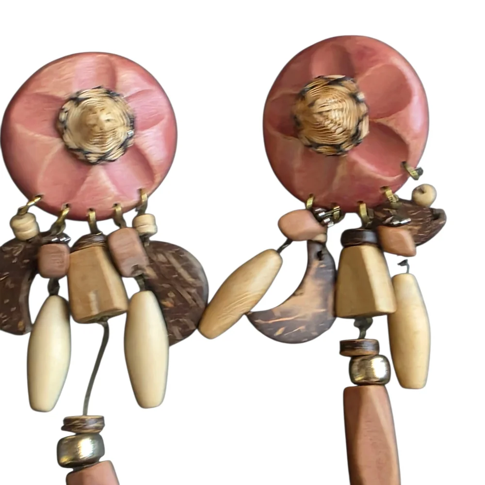 Vintage Pink & Wood Bead Dangle Earrings